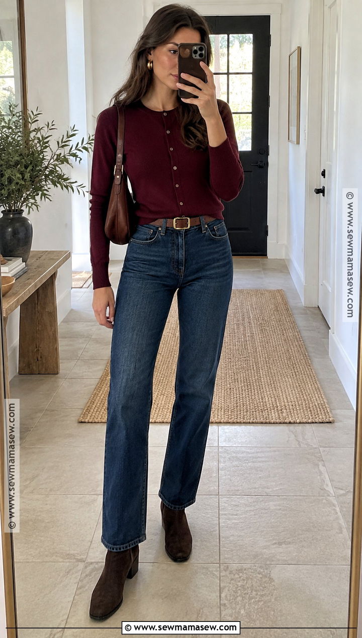 Burgundy Cardigan With Dark Wash Jeans - 15 Fall Cardigan Outfits Aesthetic