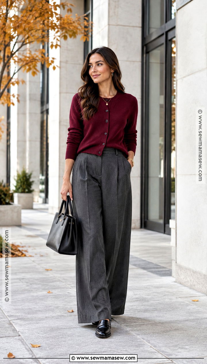 Burgundy Cardigan With Gray Wide Leg Trousers - 20 burgundy cardigan outfit fall ideas