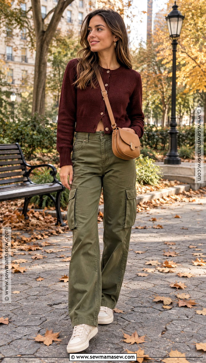 Burgundy Cardigan With Olive Cargo Pants - 20 burgundy cardigan outfit fall ideas