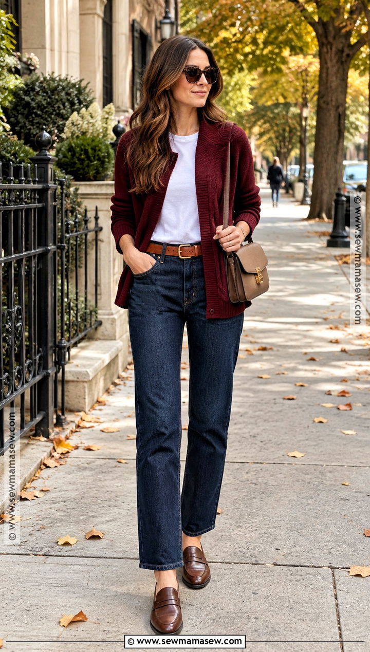 Burgundy Cardigan With Straight Leg Jeans - 20 burgundy cardigan outfit fall ideas