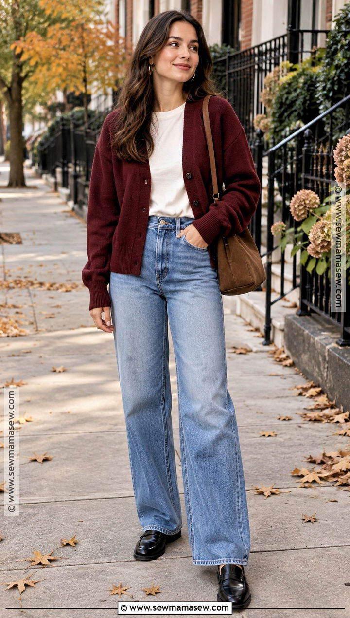 Burgundy Cardigan With Wide Leg Jeans - 15 fall 2026 fashion trends casual