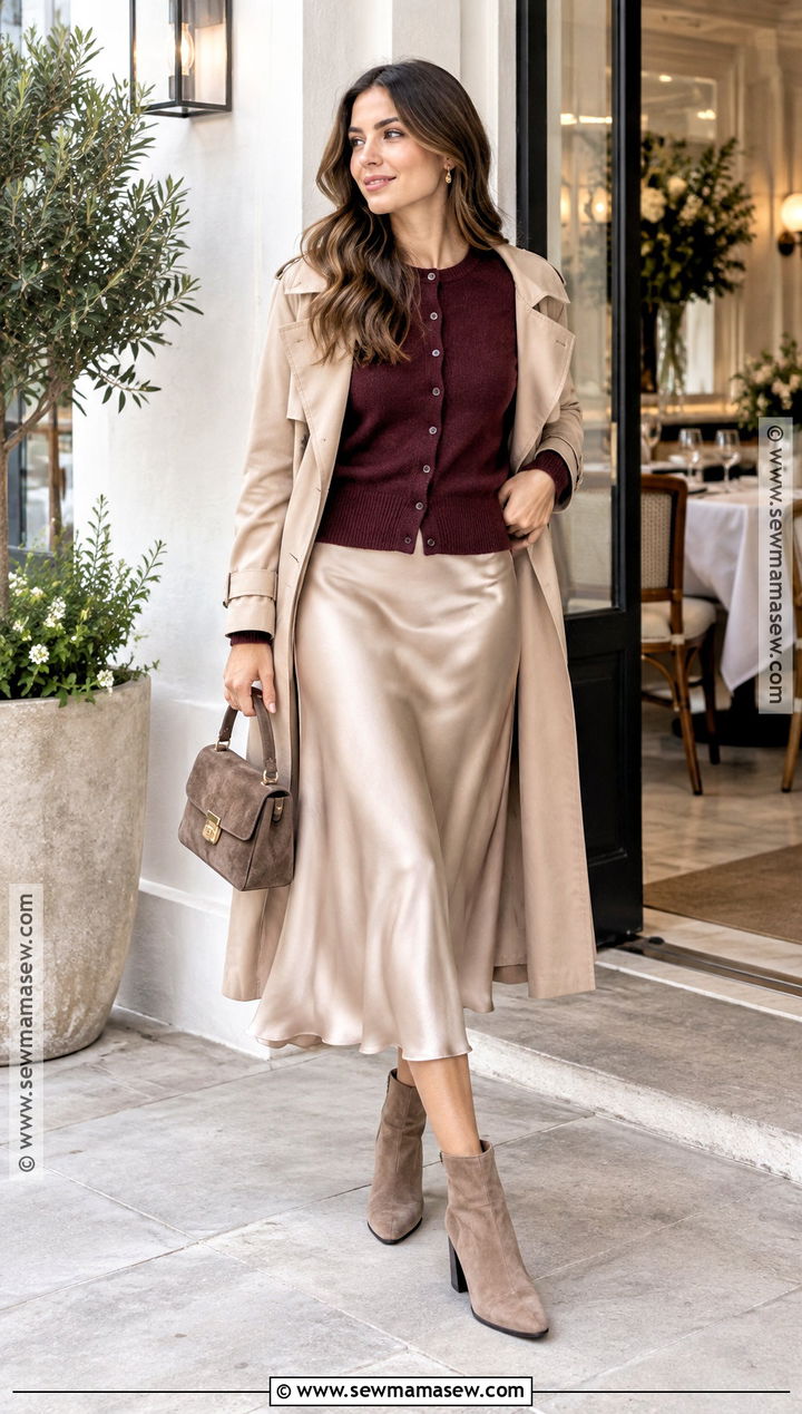 Burgundy Cardigan and Satin Skirt Outfit - 15 fall burgandy outfits