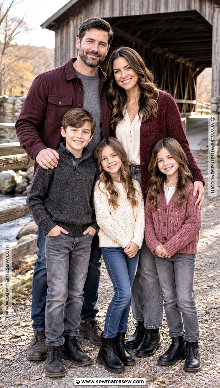 Burgundy Cardigans And Gray Jeans Family Outfit - 20 october family photos outfits jeans