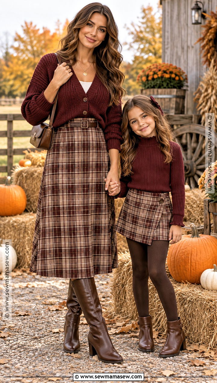 Burgundy Cardigans and Plaid Skirts Pumpkin Patch Outfit - 15 mom and daughter pumpkin patch outfits
