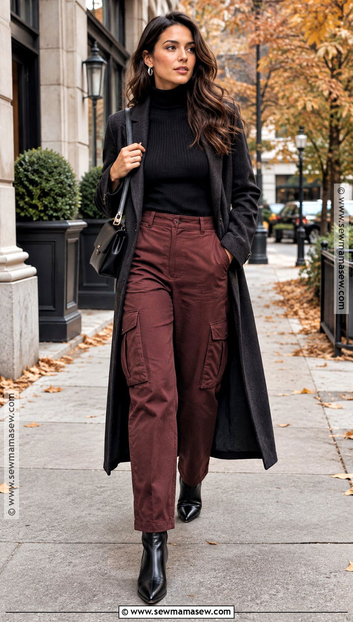 Burgundy Cargo Pants With Black Mock Neck And Boots - 15 cargo pant fall outfit ideas