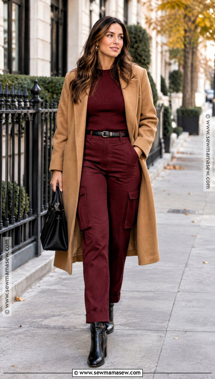 Burgundy Cargo Pants With Matching Sweater And Boots - 15 Fall Cargo Pants