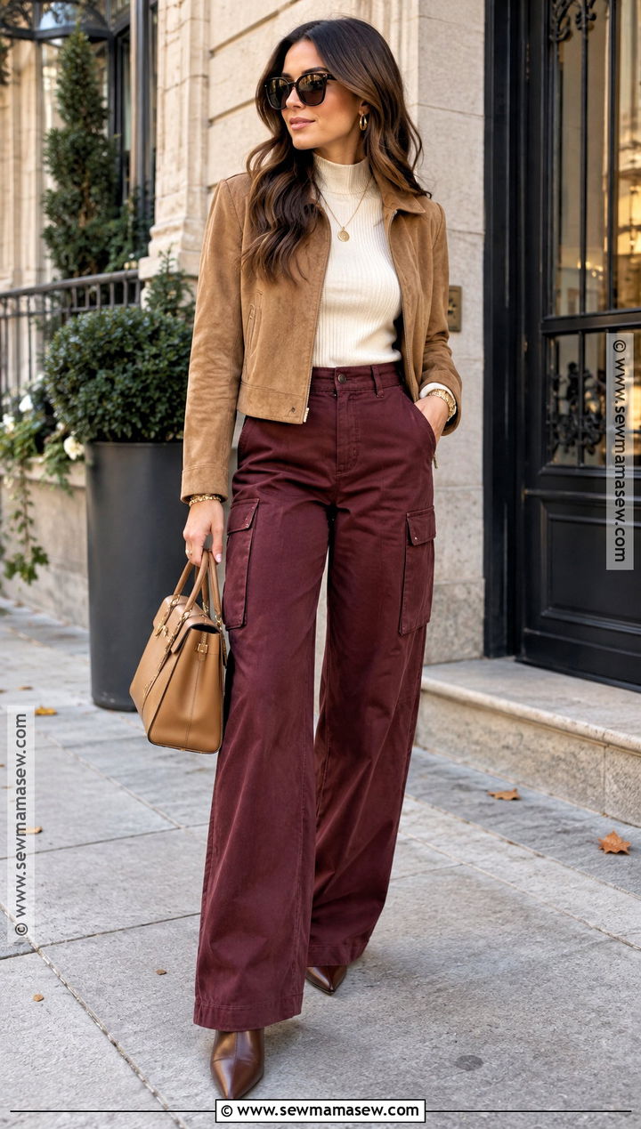 Burgundy Cargo Pants With Suede Jacket - 15 Cargo Pants Outfit Fall Street Styles