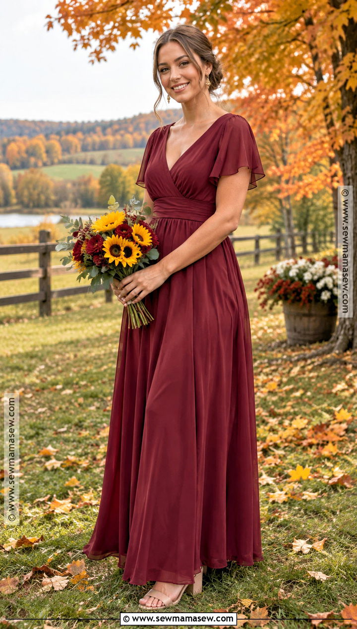 Burgundy Chiffon Bridesmaid Dress - 15 fall sunflower wedding theme bridesmaid dresses