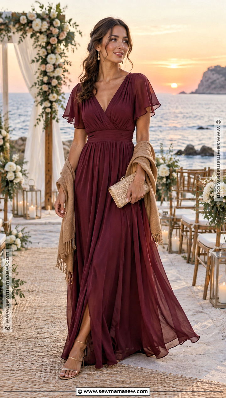 Burgundy Chiffon Maxi Fall Beach Wedding Guest Dress - 15 beach wedding guest dress fall ideas