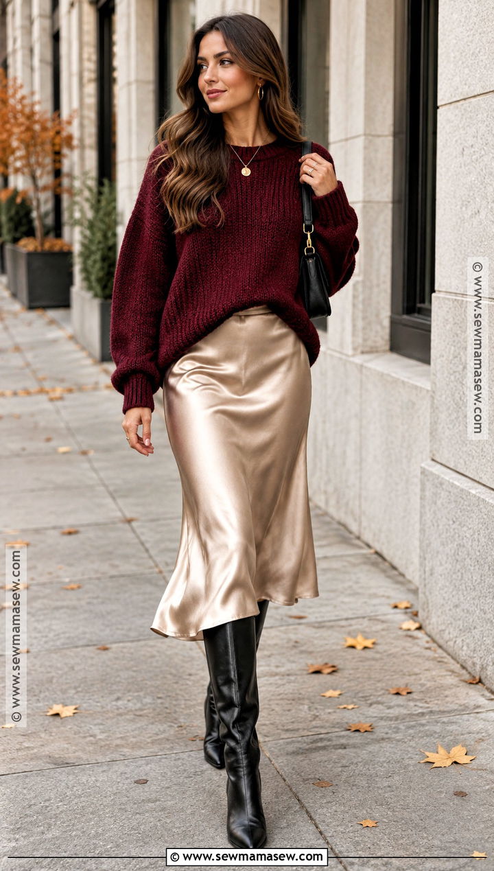 Burgundy Chunky Sweater With Satin Midi Skirt - 15 Chunky Sweater Aesthetic Fall Ideas