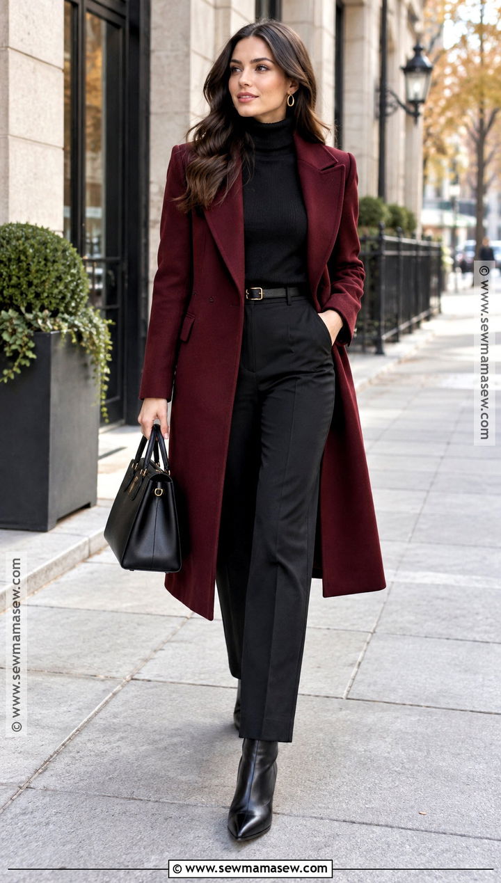 Burgundy Coat And All Black Fall Outfit - 25 fall outfits classy elegant