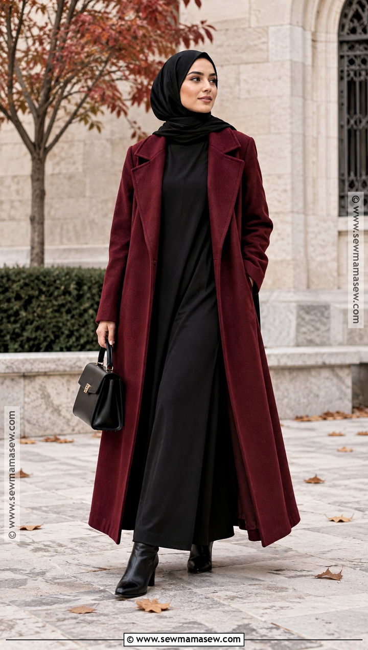 Burgundy Coat And Black Dress Hijab Outfit - 15 hijab outfit autum ideas