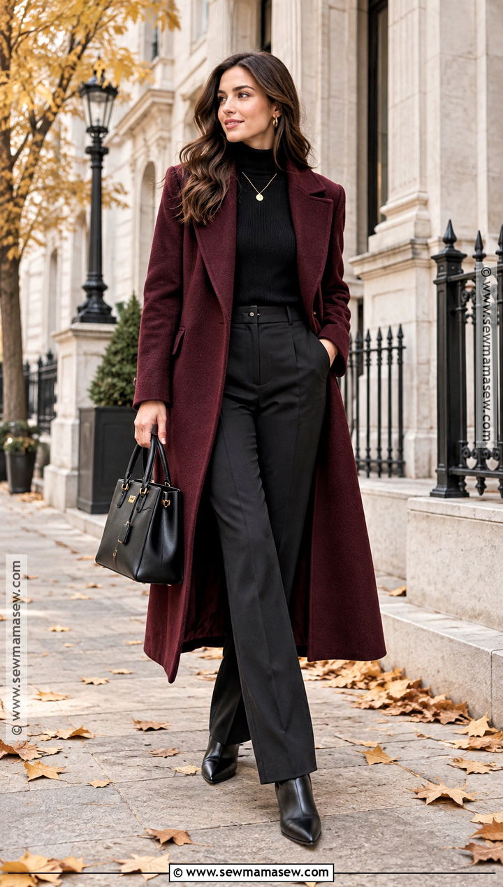 Burgundy Coat And Black Trousers Fall Outfit - 25 chic fall outfits classy