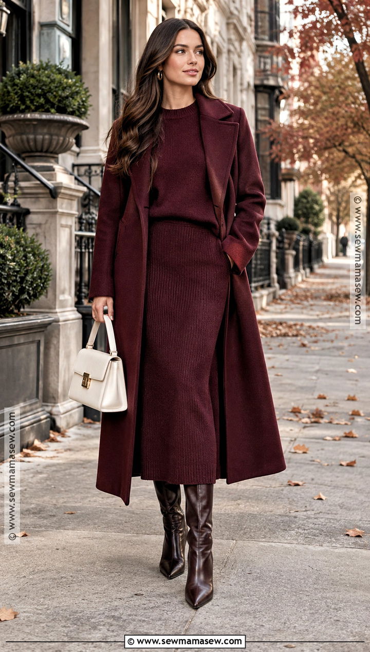 Burgundy Coat And Matching Knit Outfit - 15 November 2026 Outfit Ideas
