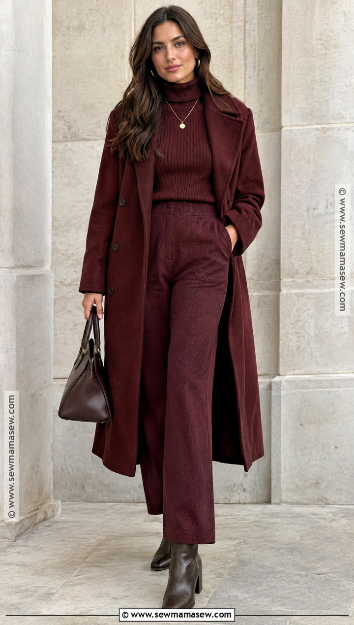Burgundy Coat And Monochrome Knit Outfit - 15 Fall Clothing Styles 2026