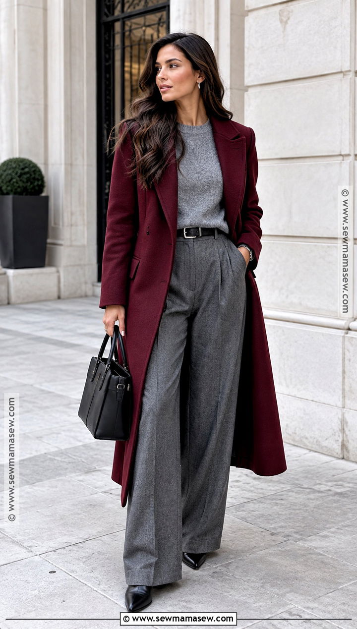 Burgundy Coat Fall Outfit With Gray Trousers - 20 street style fall outfits