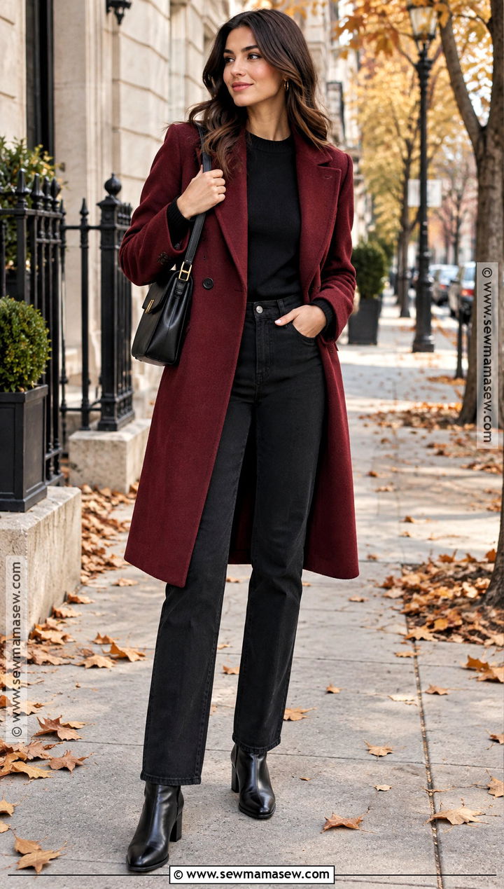 Burgundy Coat With Black Sweater And Jeans - 20 Fall Outfits Coat