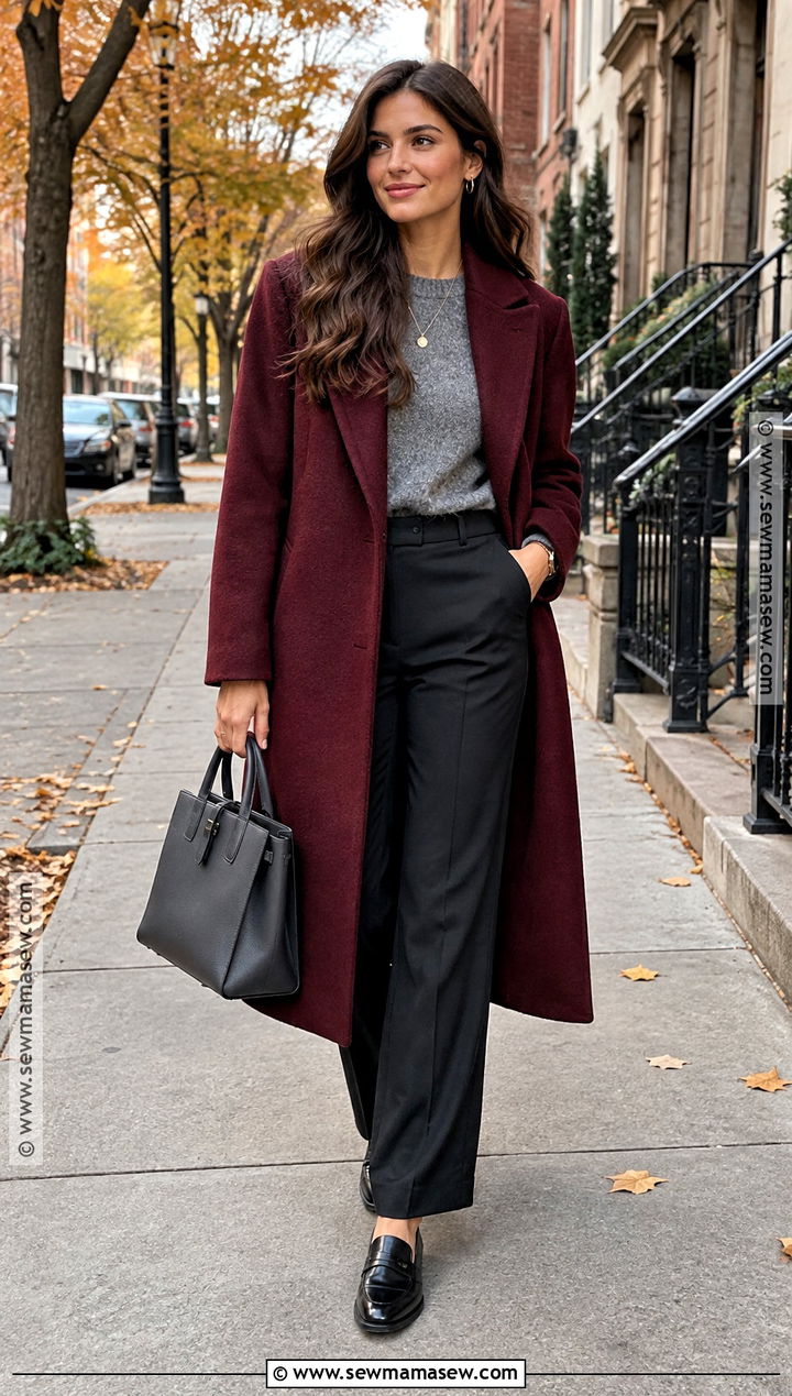 Burgundy Coat With Gray Knit And Black Trousers - 20 fall coat outfits