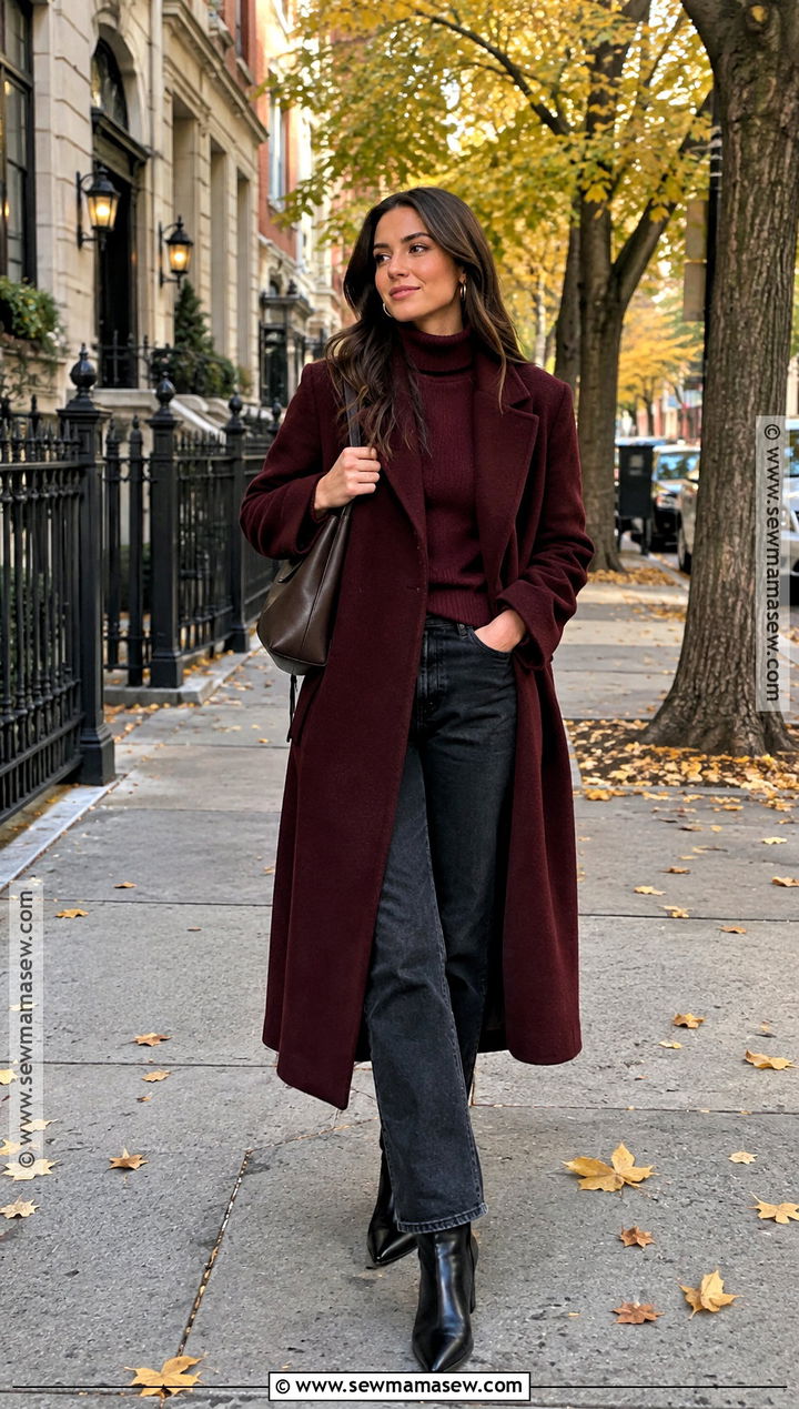 Burgundy Coat With Matching Knit And Dark Jeans - 15 Weekend In New York City Outfits Fall
