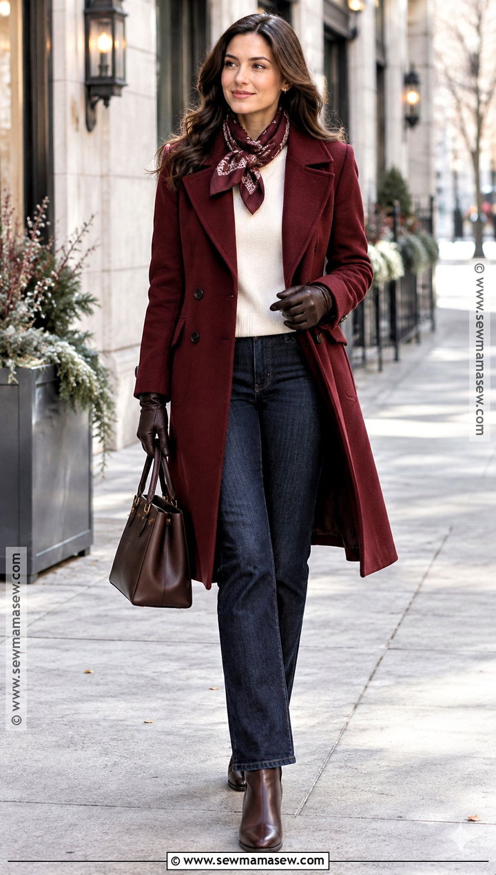 Burgundy Coat With Sweater And Dark Jeans - 20 winter and fall outfits