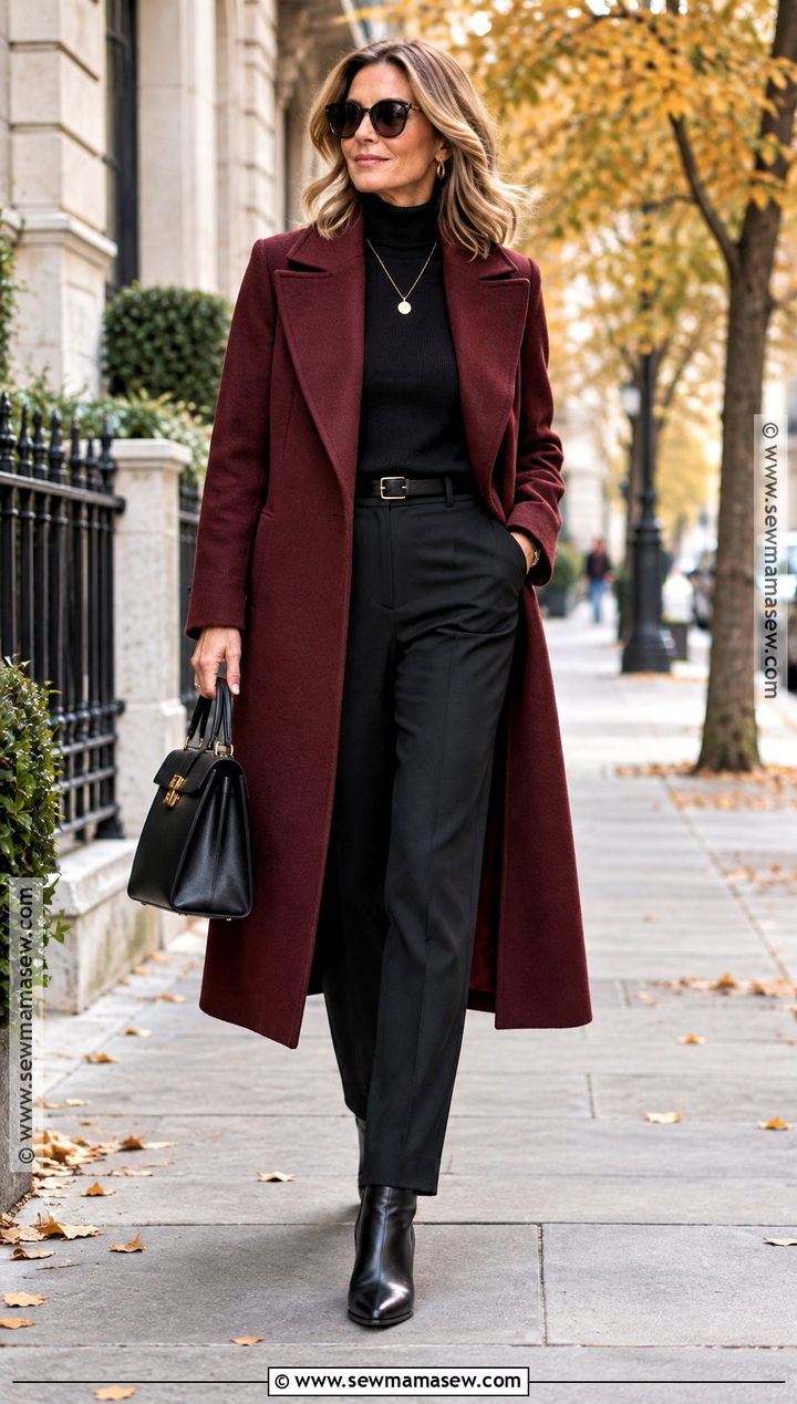 Burgundy Coat With an All Black Outfit - 20 burgundy autumn outfit ideas