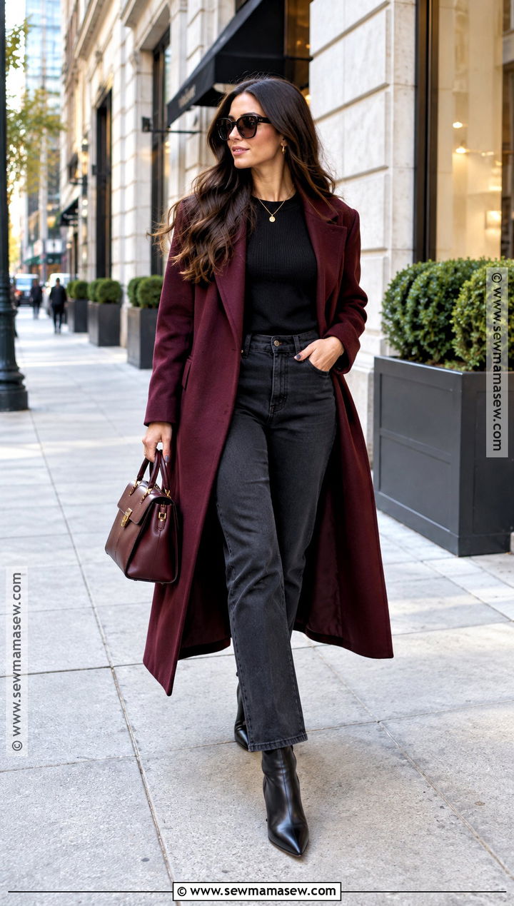 Burgundy Coat and Black Jeans City Outfit - 20 City Girl Fall Outfits