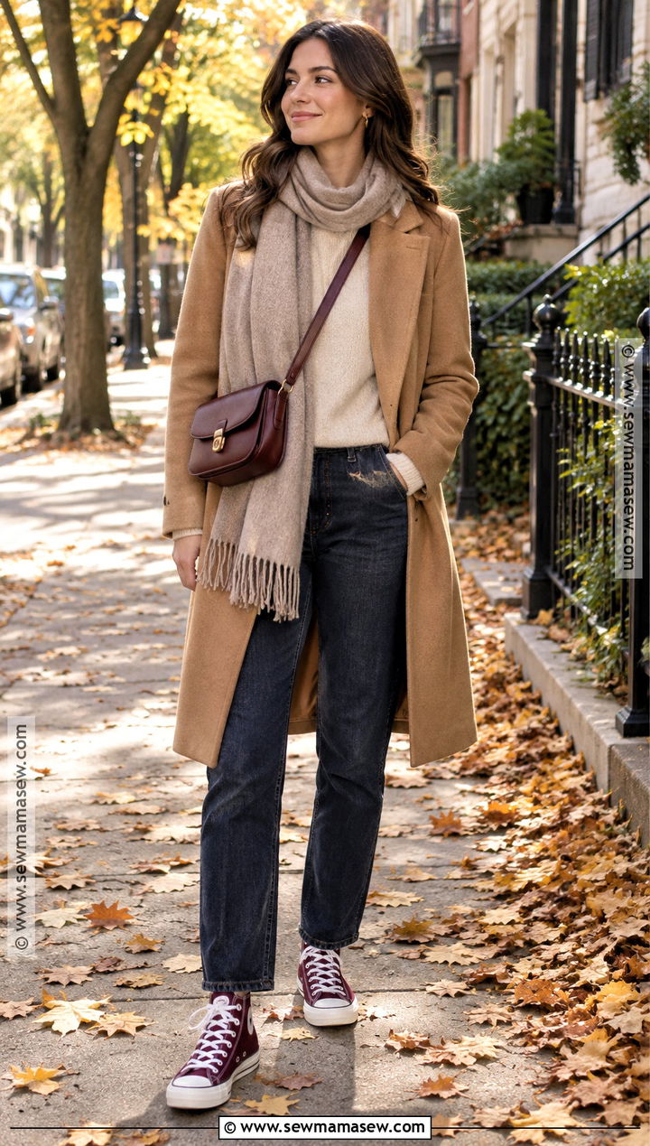 Burgundy Converse With Dark Wash Denim And A Wool Coat - 15 Converse Sneakers Fall Fashion