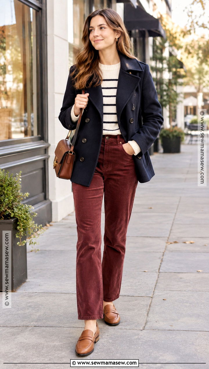 Burgundy Corduroy Pants And Striped Sweater - 15 Burgundy Outfit Ideas Fall