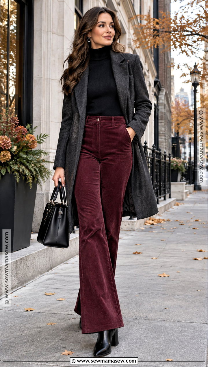 Burgundy Corduroy Pants With Black Turtleneck - 15 fall outfit corduroy pants