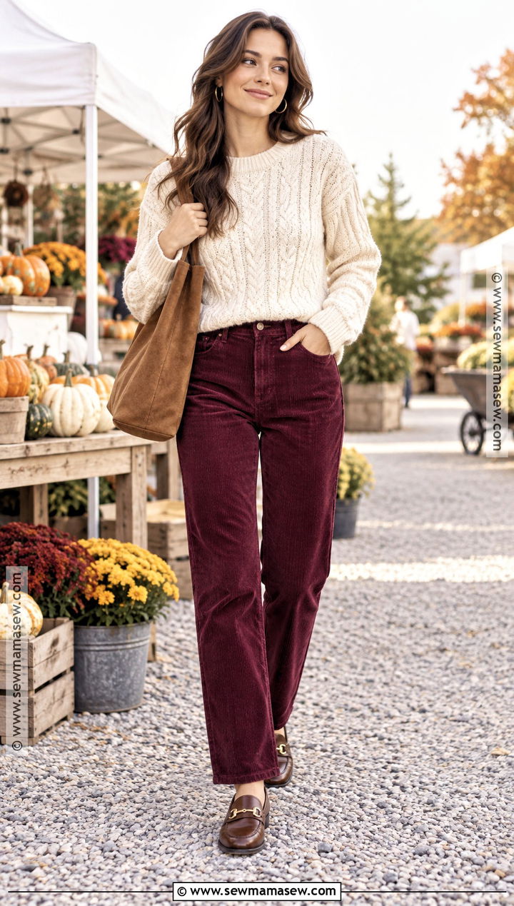 Burgundy Corduroy Pants With Cable Knit Sweater - 25 burgundy fall outfits