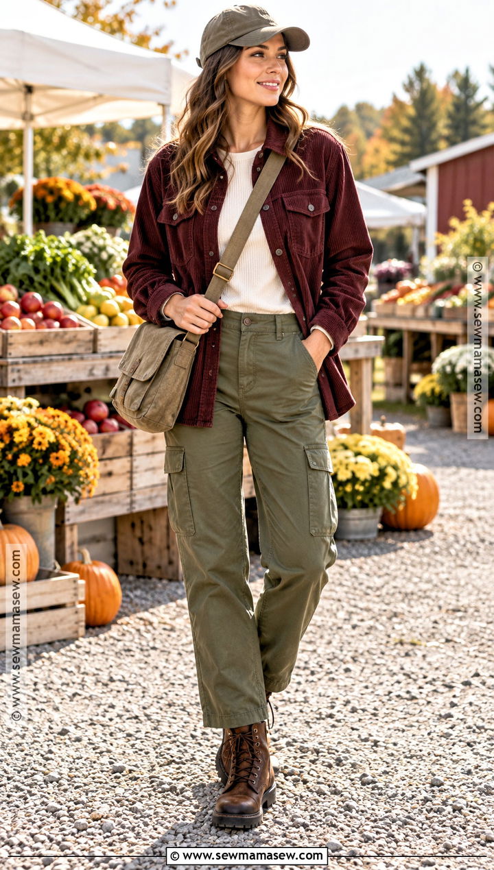 Burgundy Corduroy Shacket With Cargo Pants And Boots - 15 burgundy fall outfits 2026