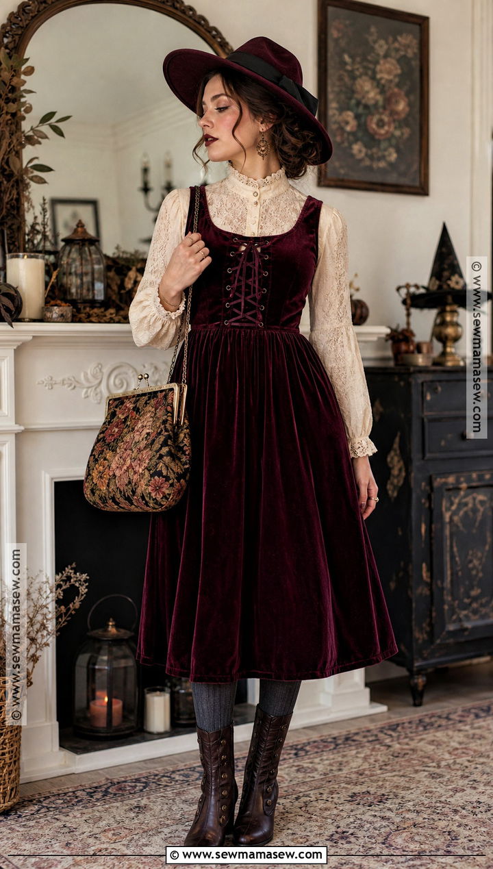 Burgundy Cottagecore Witch Outfit With Velvet Dress - 30 cottagecore witch outfit ideas