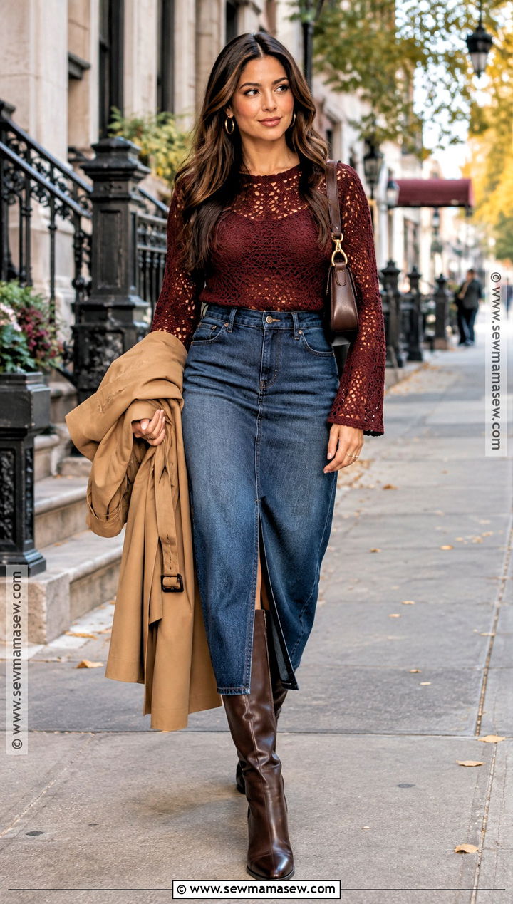 Burgundy Crochet Top With Denim Midi Skirt - 15 Crochet Tops For Fall