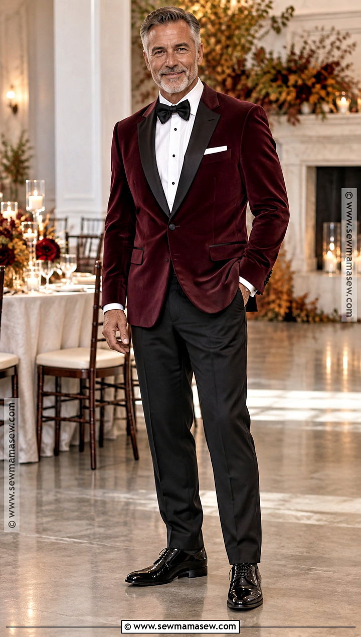 Burgundy Dinner Jacket With Black Trousers - 15 Father Of The Bride Attire Fall Wedding Ideas