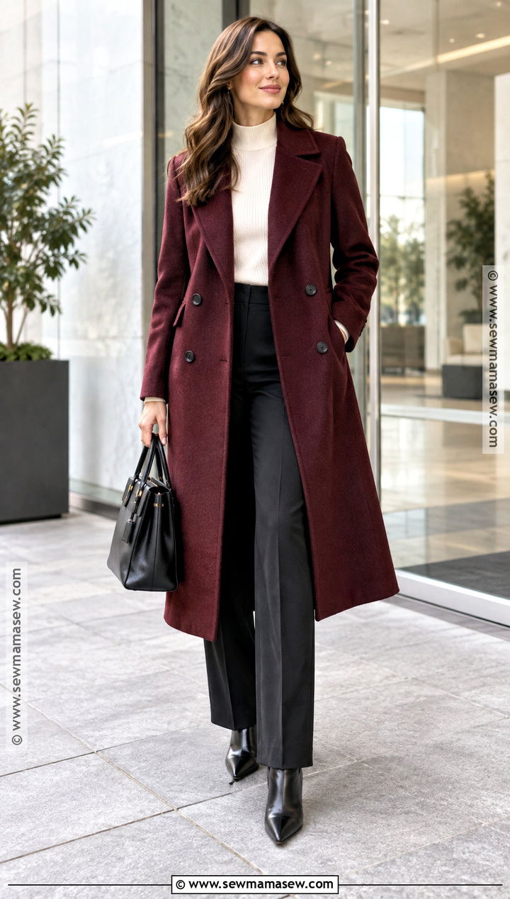 Burgundy Double Breasted Coat With Black Trousers - 25 autumn coats