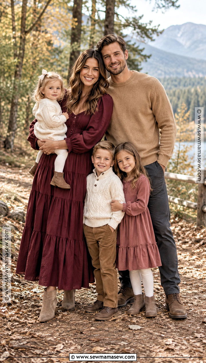 Burgundy Dress And Camel Family Outfit - 15 boho fall family photos outfits