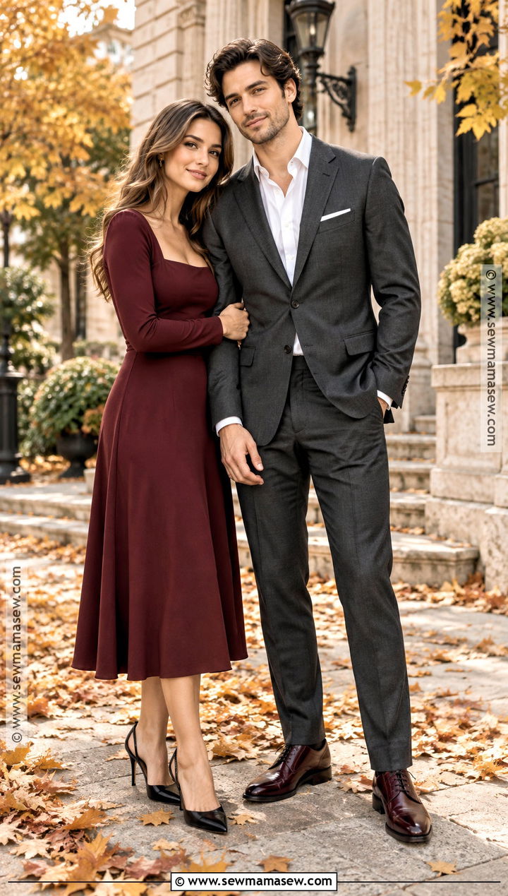 Burgundy Dress And Charcoal Suit Couple Outfit - 15 Couple Picture Outfit Ideas Fall