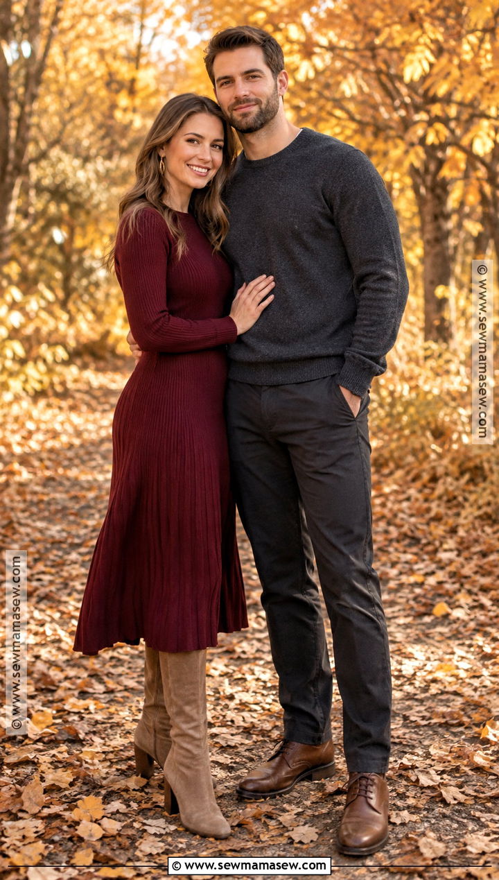 Burgundy Dress And Charcoal Sweater Fall Couple Outfit - 20 fall pictures for couples outfits