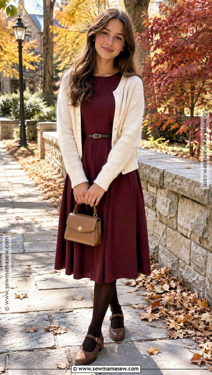 Burgundy Dress And Cream Cardigan Church Outfit - 20 Cute Fall Church Outfits for Teens