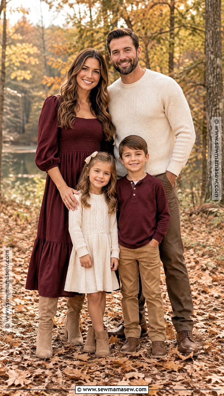 Burgundy Dress And Cream Sweater Family Outfit - 15 Fall Family Pictures Outfits Red