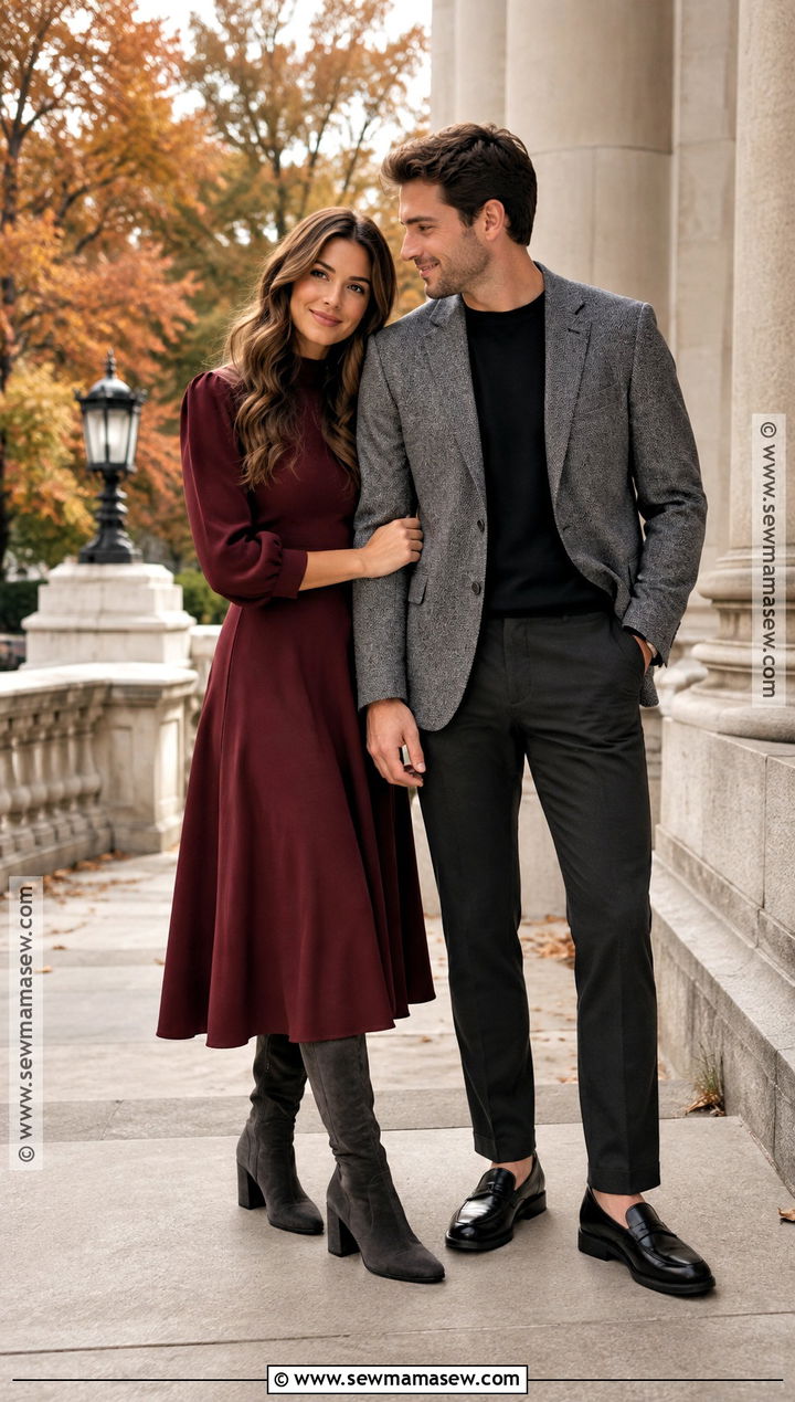Burgundy Dress And Gray Blazer Couple Outfit - 20 fall couple photoshoot outfit ideas
