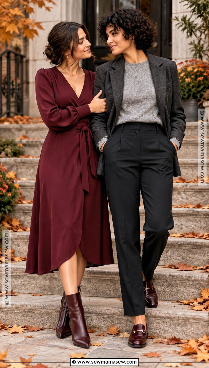 Burgundy Dress And Gray Blazer Couple Outfit - 15 Lesbian Couple Photoshoot Outfits Fall