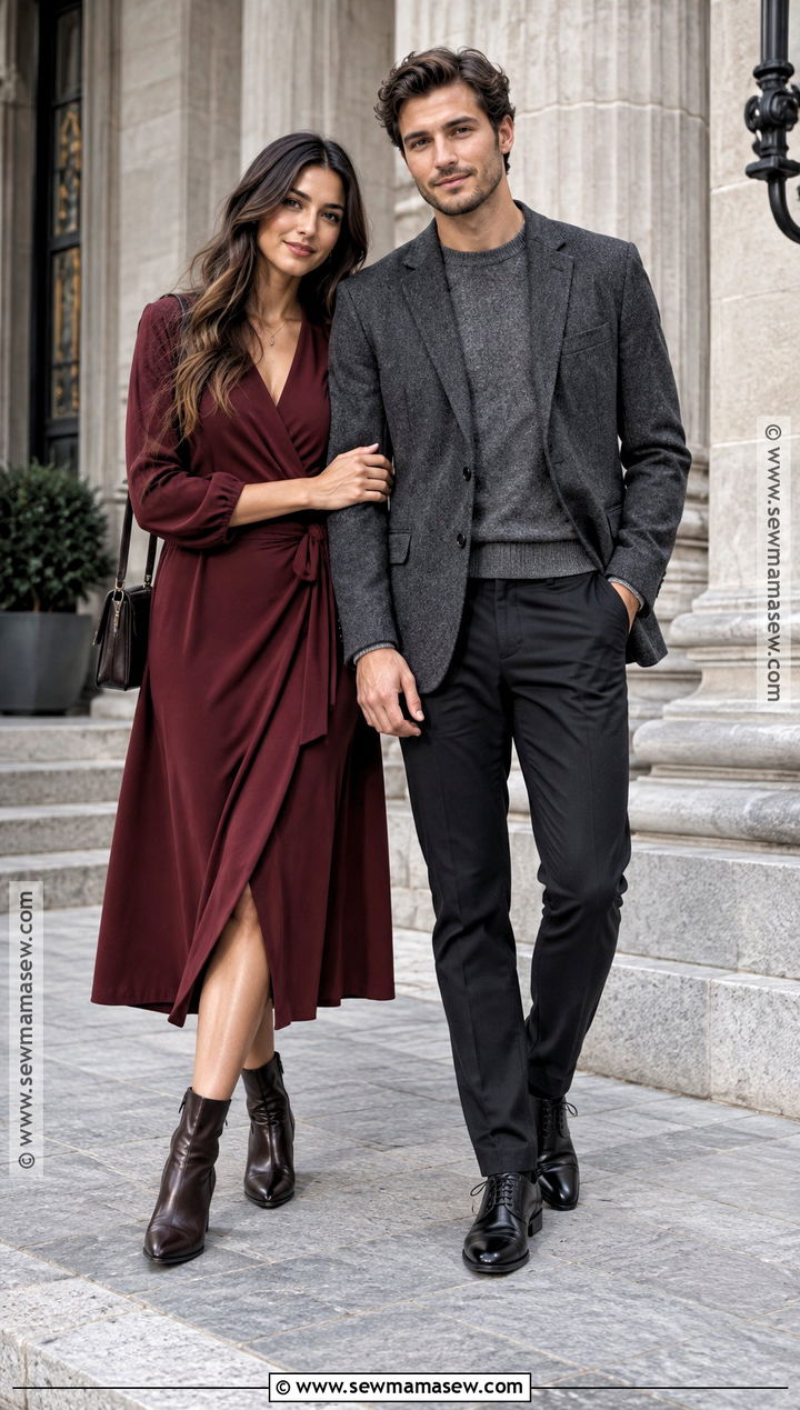 Burgundy Dress And Gray Blazer Fall Couple Outfit - 25 fall photo shoot outfits for couples