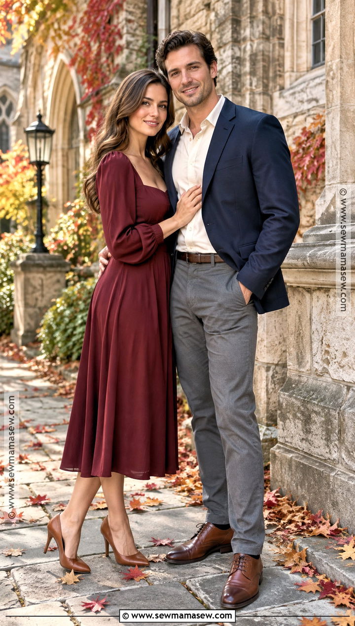Burgundy Dress And Navy Blazer Couples Fall Photoshoot Outfit - 25 couples fall photoshoot outfits