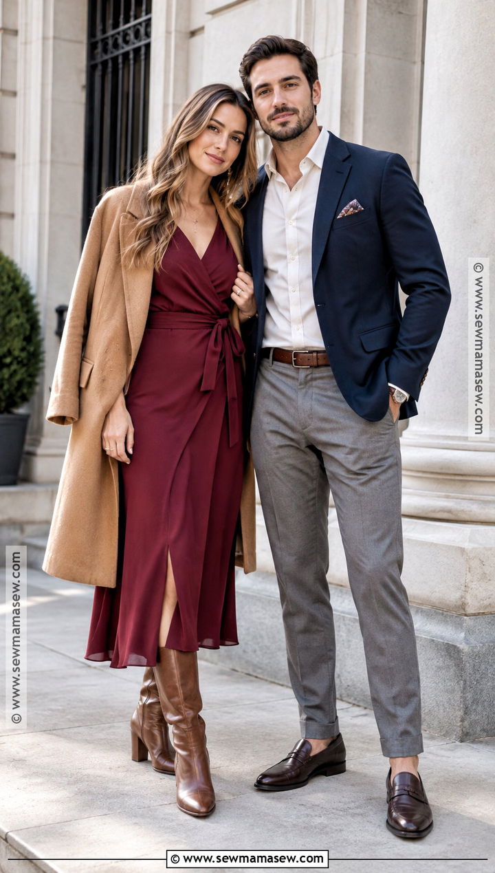 Burgundy Dress And Navy Blazer Fall Couple Photoshoot Outfit - 20 couples photoshoot outfits fall