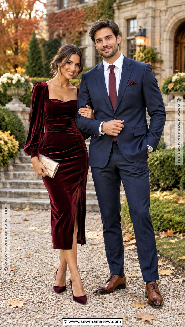 Burgundy Dress And Navy Suit Fall Wedding Guest Couple Outfit - 15 Wedding Guest Couple Outfit Fall Ideas