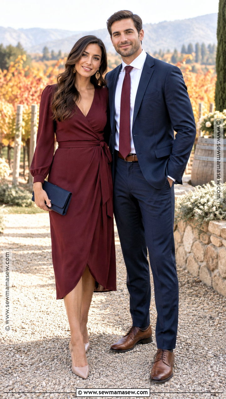 Burgundy Dress And Navy Suit Fall Wedding Guest Outfit - 15 couples wedding guest outfits fall