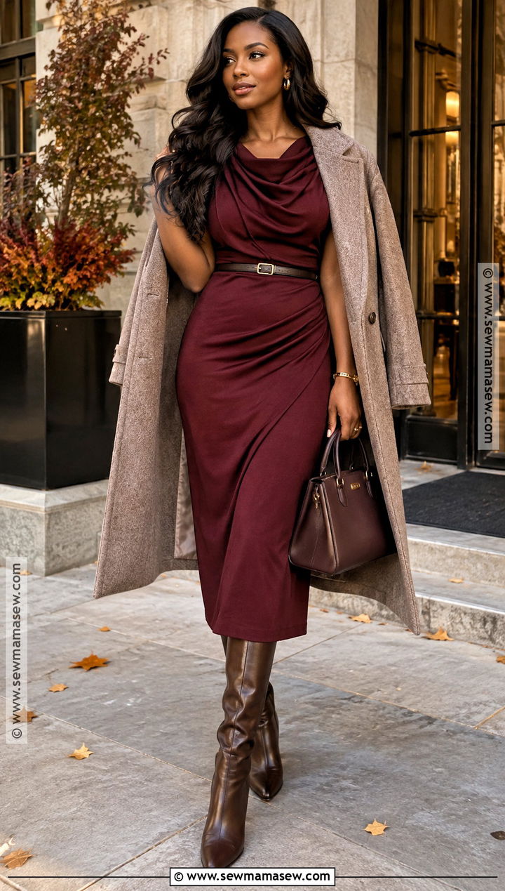 Burgundy Dress And Tall Boots Fall Date Night Outfit - 15 Fall Fashion Date Night Ideas