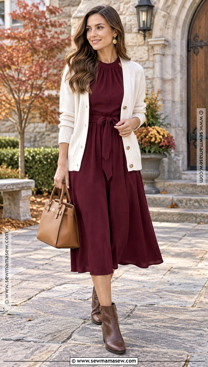 Burgundy Dress Fall Church Outfit - 15 fall sunday church outfit ideas