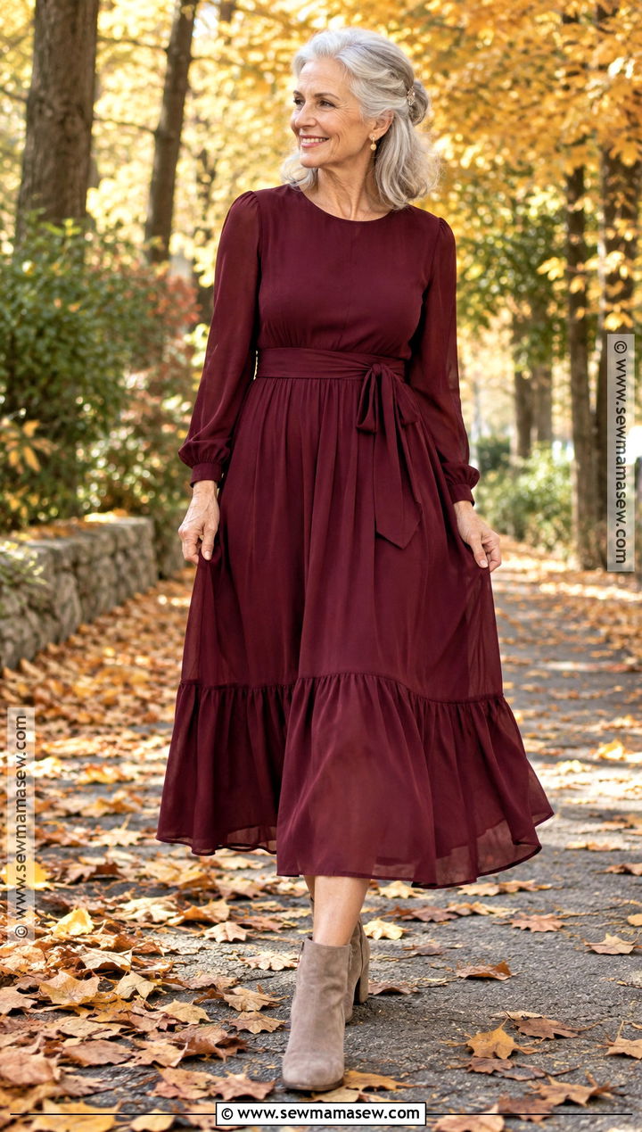 Burgundy Dress and Ankle Boots Senior Picture Outfit - 20 Fall Senior Picture Outfits